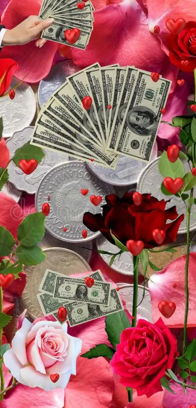 Mobile wallpaper with roses, coins, and dollar bills, accented by red hearts.