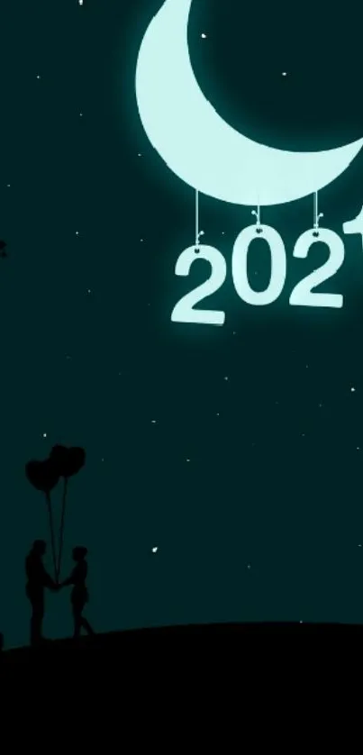 Silhouette couple under 2021 moonlit sky wallpaper.