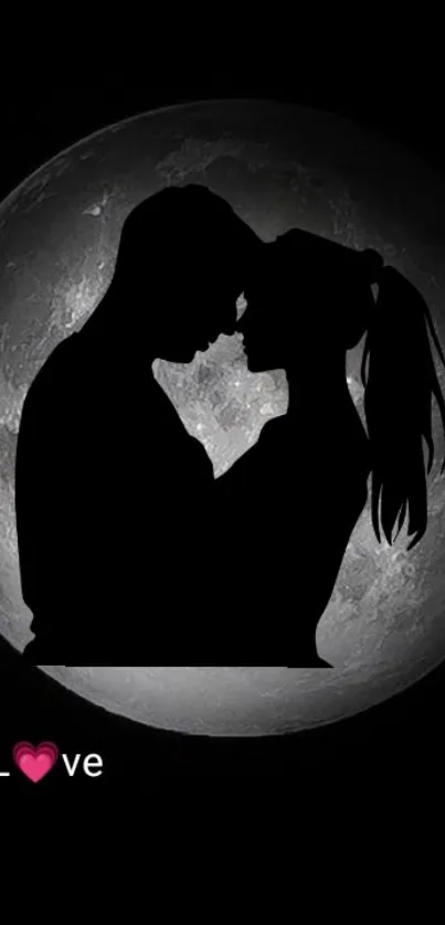 Silhouette of a couple embracing under a full moon with the word 'Love' below.