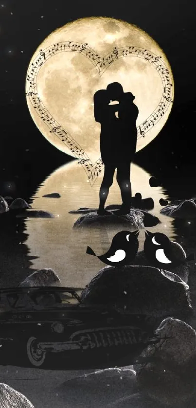 Silhouette of a couple embracing by a moonlit lake with musical notes.