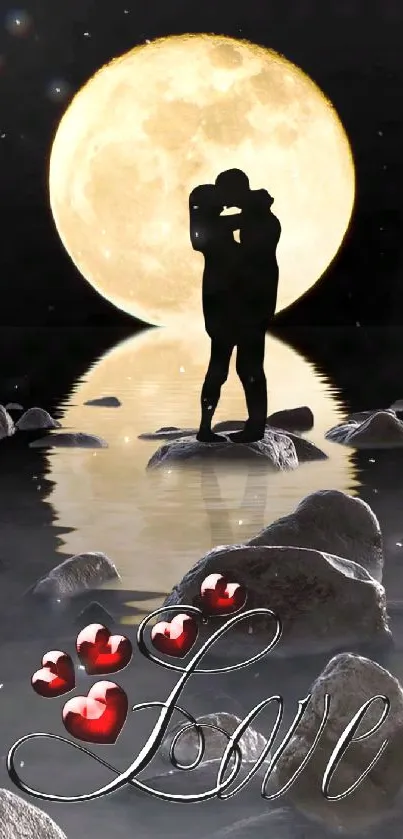 Silhouette of a couple kissing under a full moon with hearts and 'Love' text.