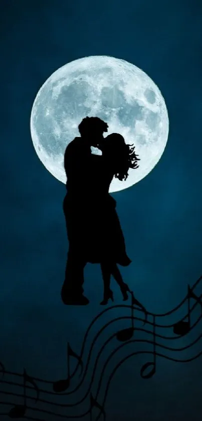 Silhouette of a couple under a full moon with musical notes.