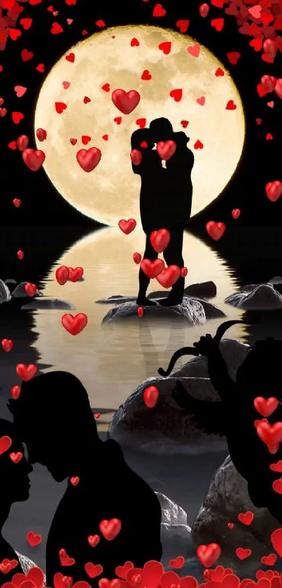 Romantic couple under full moon with red hearts.