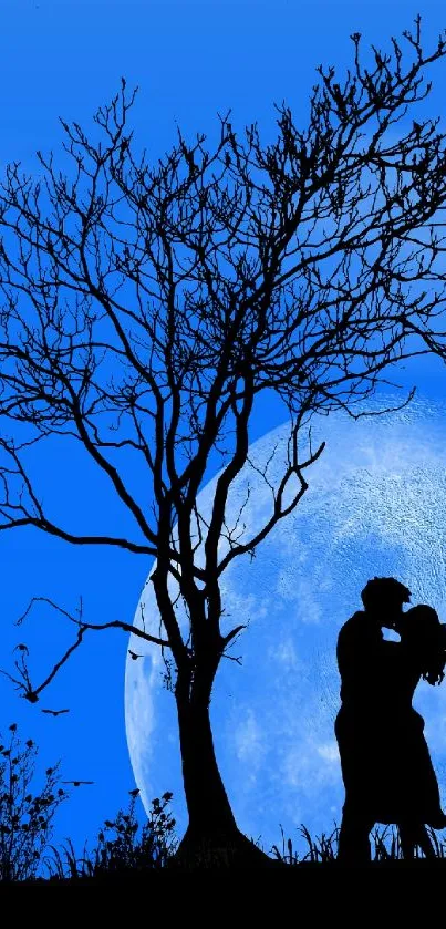 Couple's silhouette under full moon on a starry blue night.