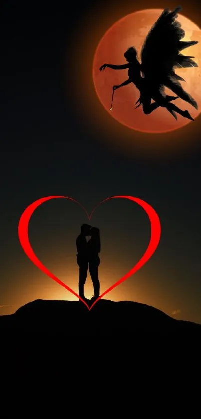 Romantic silhouette under a moonlit heart with a fairy in the sky.