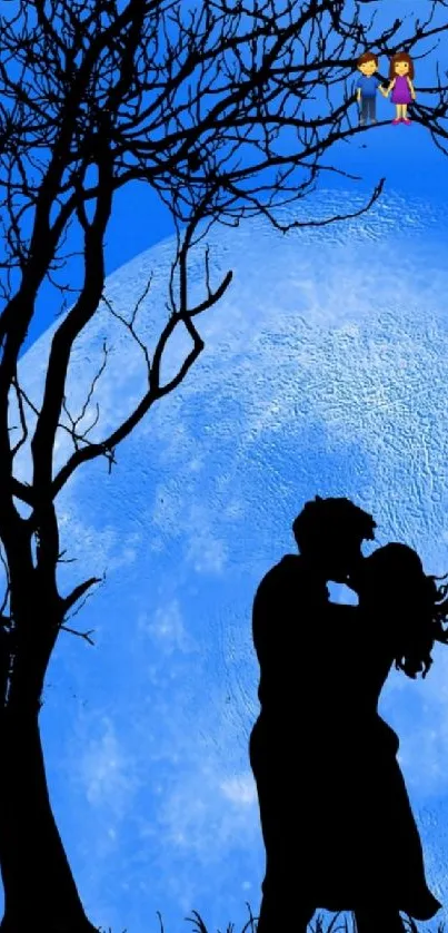 Romantic couple silhouette under moonlit blue sky.