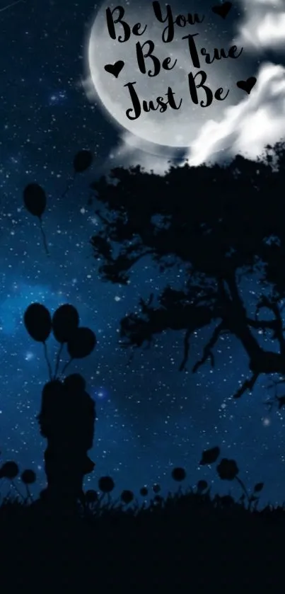 Moonlit silhouette with balloons under starry night sky and full moon.