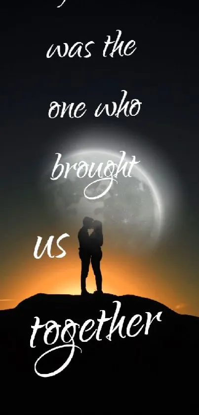 Silhouetted couple under a moonlit sky with romantic text.