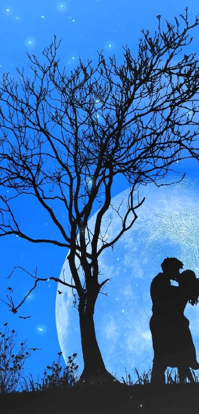 Couple silhouette under a blue moonlight sky.