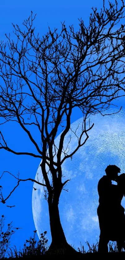 Silhouette of couple kissing under moonlit blue sky with tree.