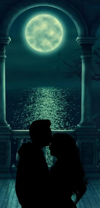 Silhouette of couple under moonlight in romantic setting.