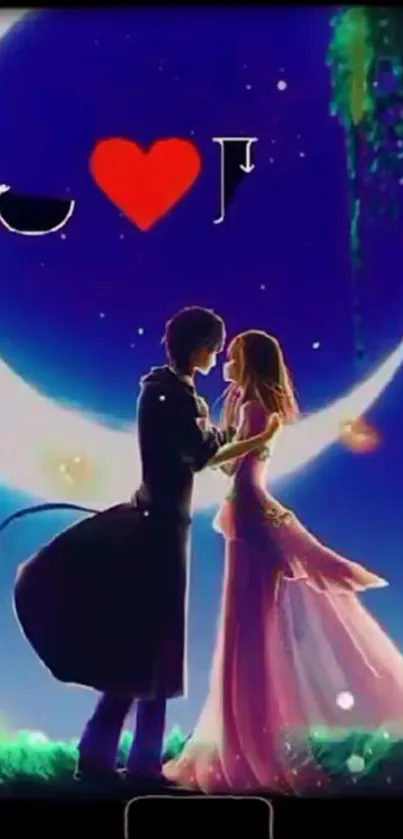 Anime couple embracing under crescent moon