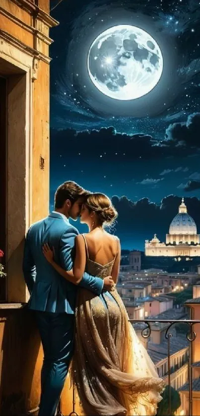 Couple on a balcony under a full moon with city view.