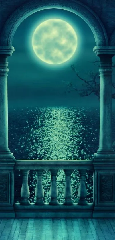 Moonlit balcony with roses and ocean view.