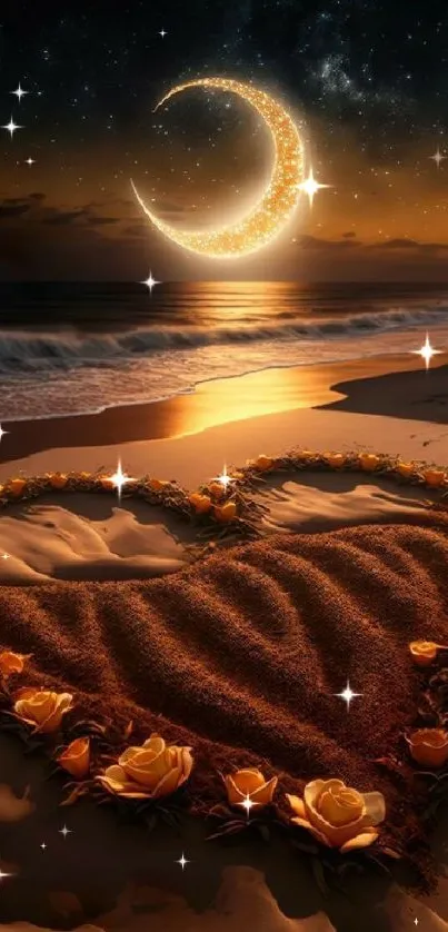 Romantic moonlit beach wallpaper with crescent moon and heart in sand.