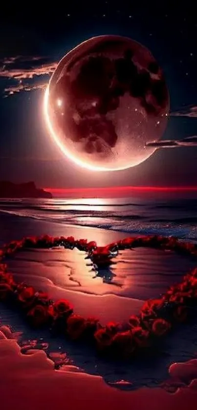 Romantic heart-shaped roses on a moonlit beach with a glowing moon.