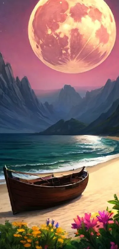 Boat on a tranquil beach under a full moon, surrounded by mountains and flowers.