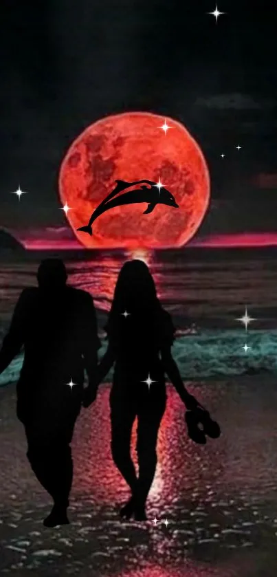 Silhouetted couple walks along a beach under a vivid red moon with dolphin in sky.