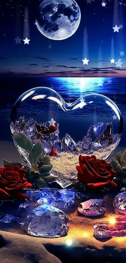 Moonlit beach with heart crystal and roses, under a starry sky.