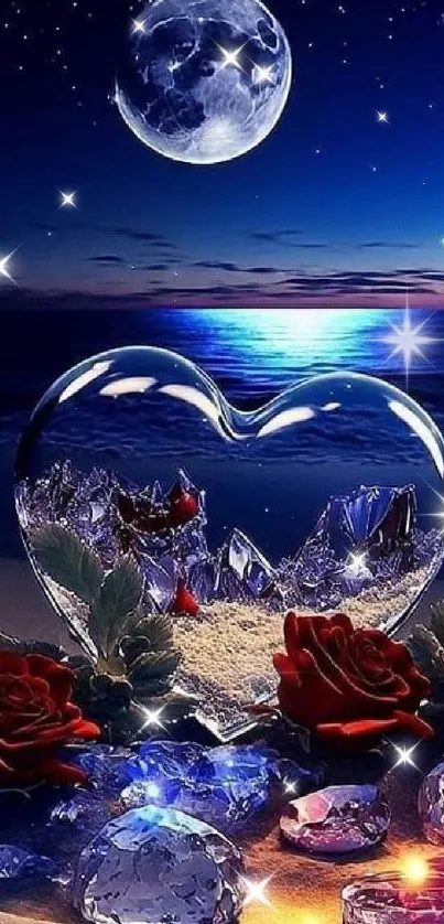 Romantic beach scene with moonlit sky, red roses, and crystals.