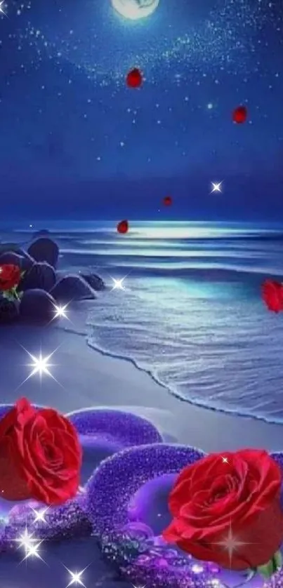 Moonlit beach with red roses and heart-shaped lights creating a romantic ambiance.