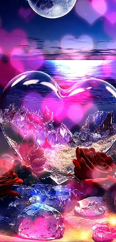 Romantic moonlit beach with crystal heart and roses on a mobile wallpaper.