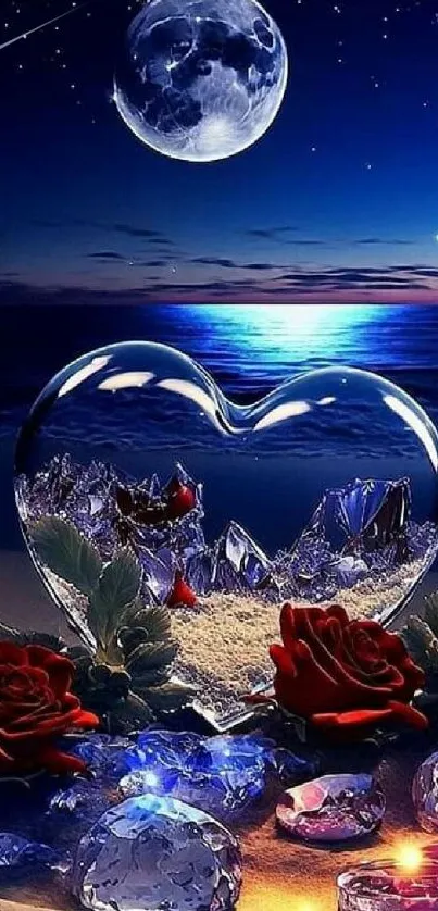 Moonlit beach with heart crystals and glowing roses.