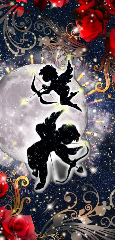 Mobile wallpaper with moonlit cherubs, red roses, and golden patterns.