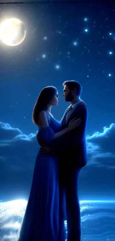 Romantic couple embracing under a moonlit, starry night sky.