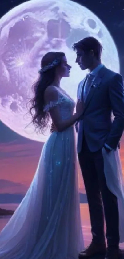 Romantic couple stands under a moonlit sky by the water.