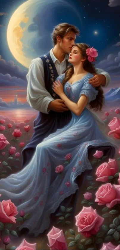 Romantic couple embraced under the moon with roses.