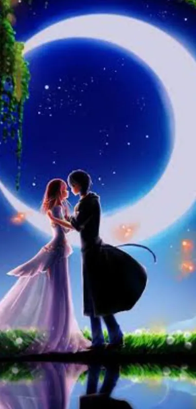 Romantic couple under a crescent moon in a serene, starry night wallpaper.