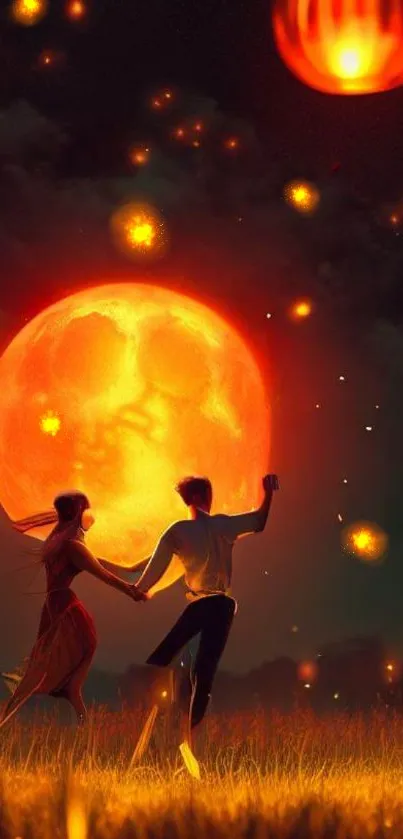 Couple dancing under moon with glowing orange lanterns.