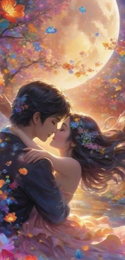 Romantic couple embracing under moonlight surrounded by flowers.
