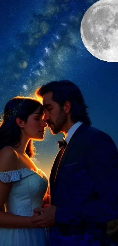 Couple embracing under moonlit starry sky with galaxy in background.