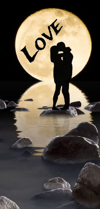 Silhouetted couple kissing under a full moon with 'LOVE' text in the sky.