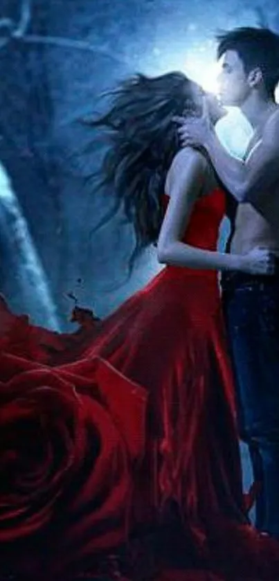 Passionate couple embracing under a moonlit night in vibrant red attire.