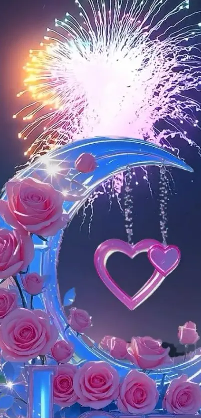 Romantic moonlit scene with pink roses and fireworks.