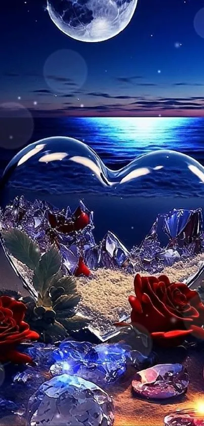 Heart-shaped glass and roses under moonlit night