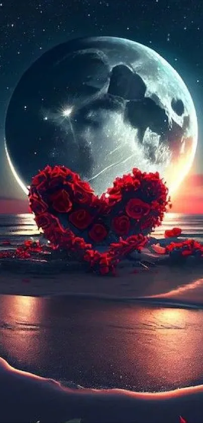 Heart made of roses under a moonlit sky wallpaper.