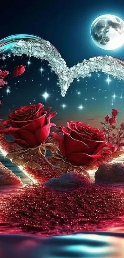 Romantic heart-shaped wallpaper with red roses and moonlit sky.