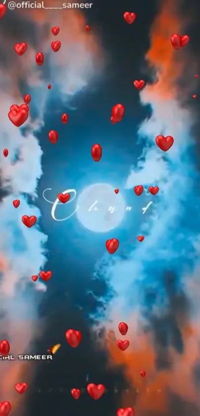 Romantic wallpaper with moon, clouds, and red hearts.