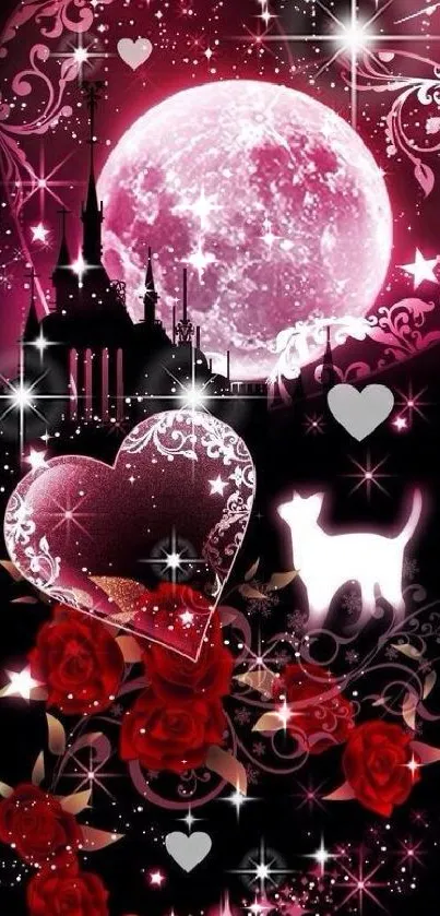 Pink moonlit heart with roses and stars wallpaper.