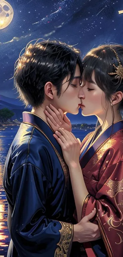 Romantic couple kissing under a moonlit sky with traditional attire.