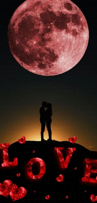 Romantic wallpaper with red moon, couple silhouette, and love text.