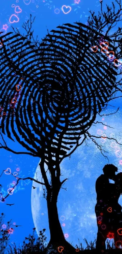 Silhouette of couple under moonlit sky with heart-themed designs.