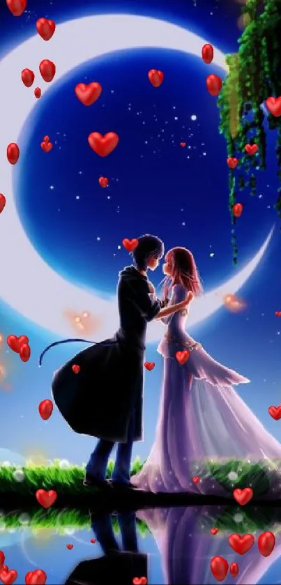 Silhouetted couple under crescent moon in a serene, romantic night scene.