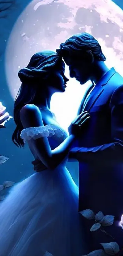 A couple embracing under a moonlit sky with roses surrounding the scene.