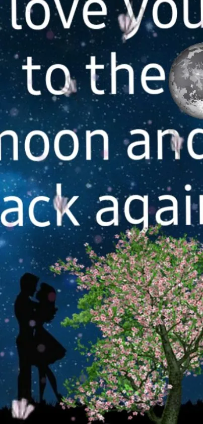 Romantic couple silhouetted under moonlit night sky with love message.