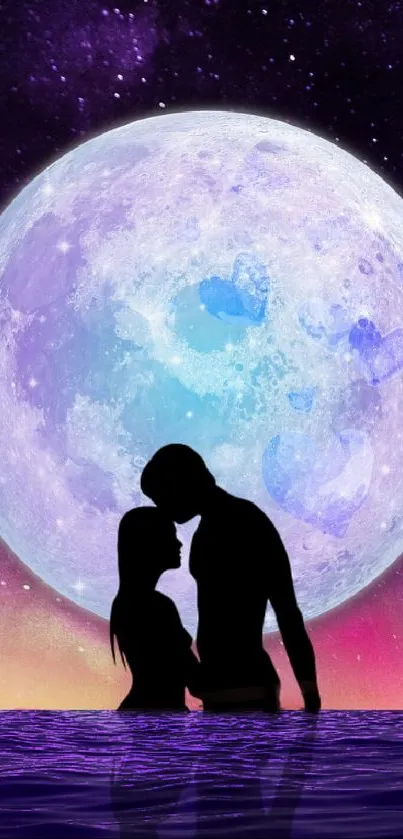 Silhouette of couple against moonlit night sky with serene water reflection.